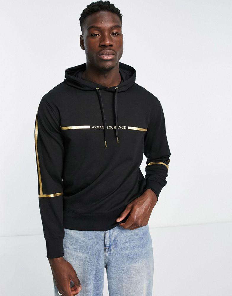 商品Armani Exchange|Armani Exchange metallic detail hoodie in black & gold,价格¥815,第1张图片