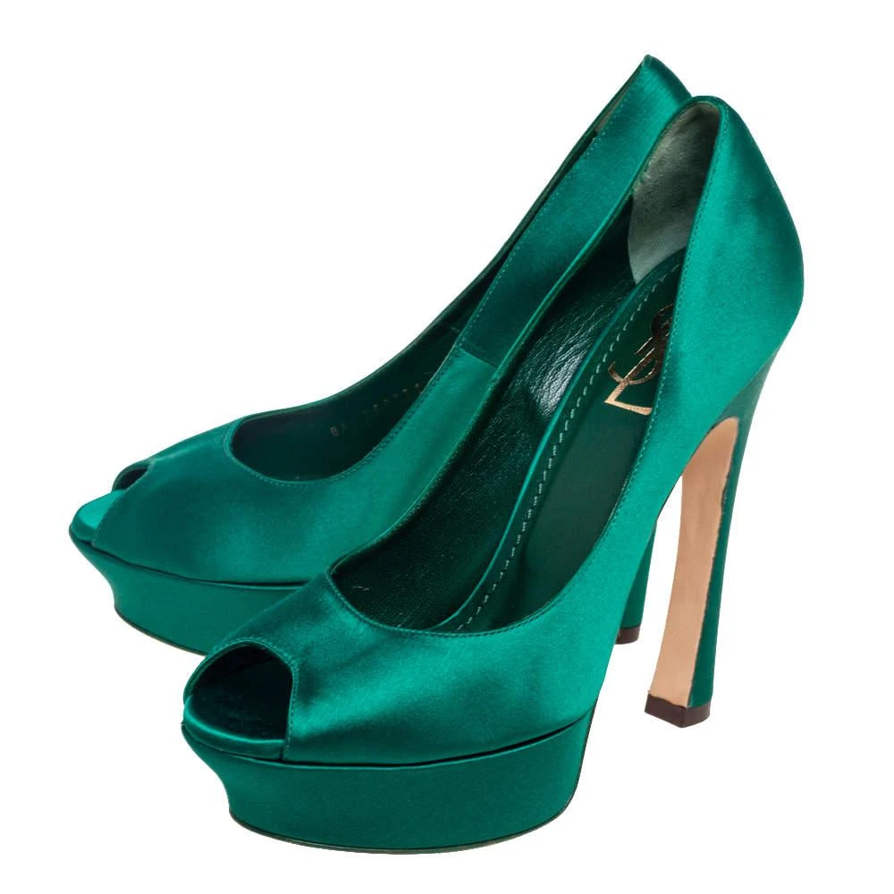 商品[二手商品] Yves Saint Laurent|Yves Saint Laurent Green Satin Palais Platform Peep Toe Pumps Size 39,价格¥1281,第4张图片详细描述