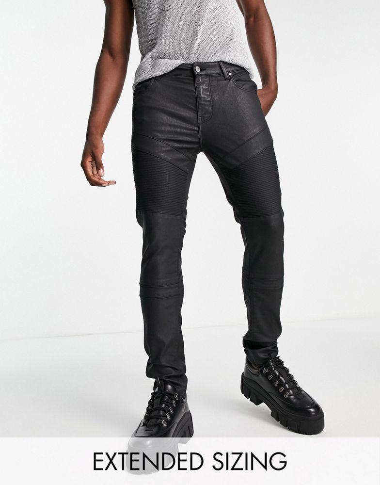 商品ASOS|ASOS DESIGN skinny jeans with coated denim in black with biker detail,价格¥334,第1张图片