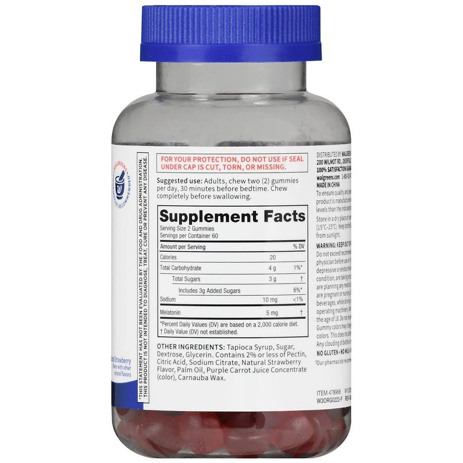 商品Walgreens Free & Pure|Melatonin 5 mg Gummies (60 days) Natural Strawberry,价格¥97,第4张图片详细描述