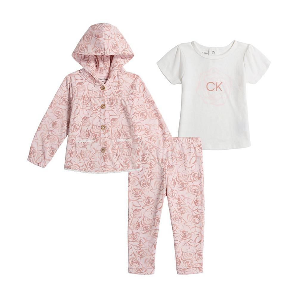 Baby Girls Short Sleeve T shirt, Rose Print Hooded Cardigan and Pants, 3 Piece Set商品第1张图片规格展示