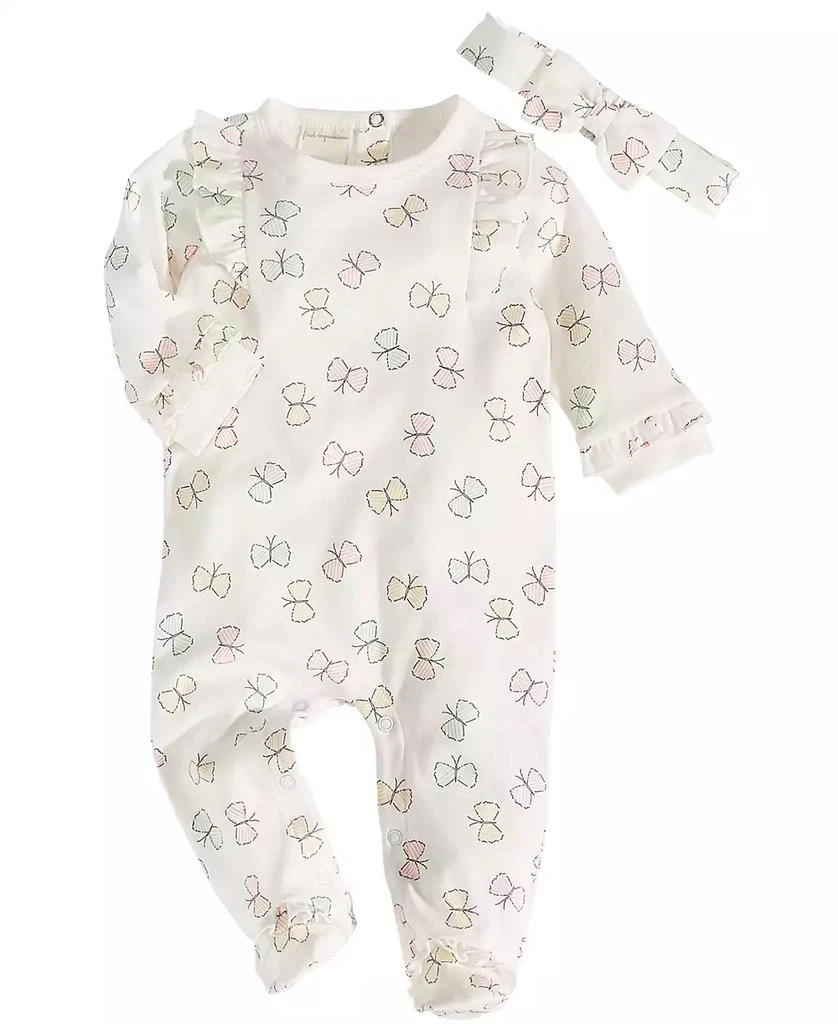 商品First Impressions|Baby Girls Butterfly Footed Coverall and Headband, 2 Piece Set, Created for Macy's,价格¥70,第1张图片