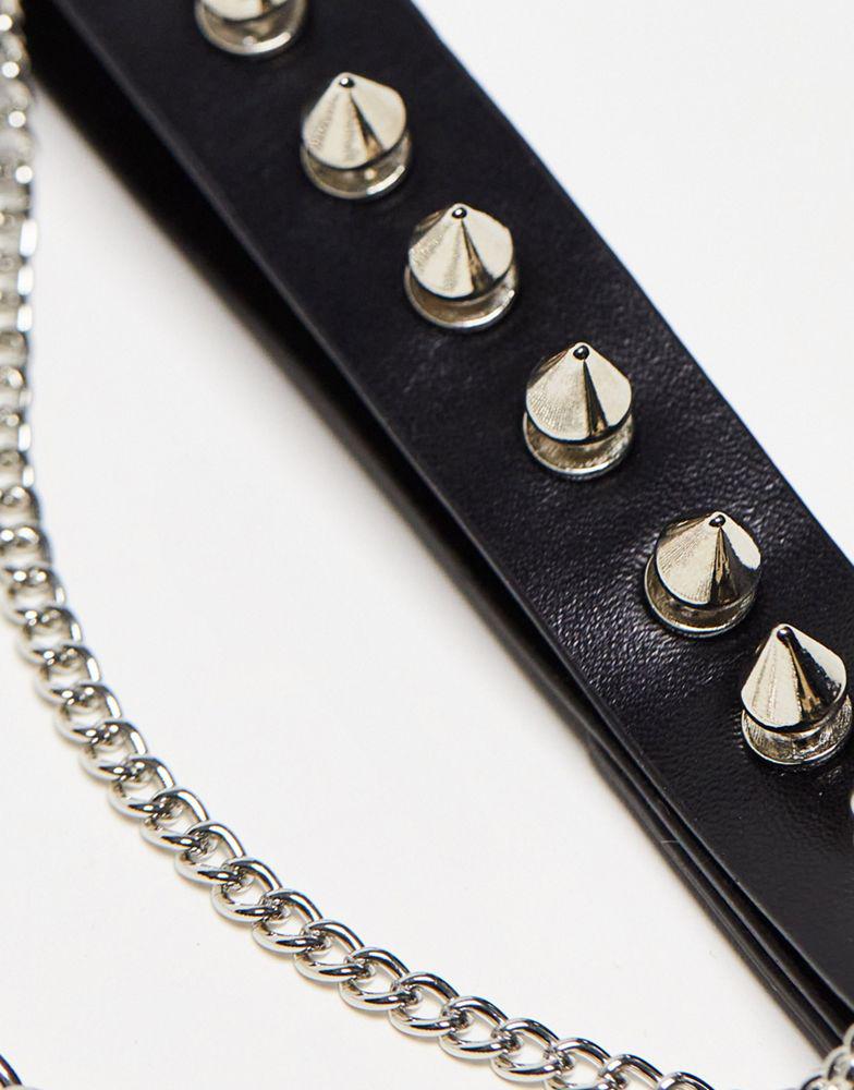 Reclaimed Vintage unisex spike faux leather necklace in black商品第3张图片规格展示