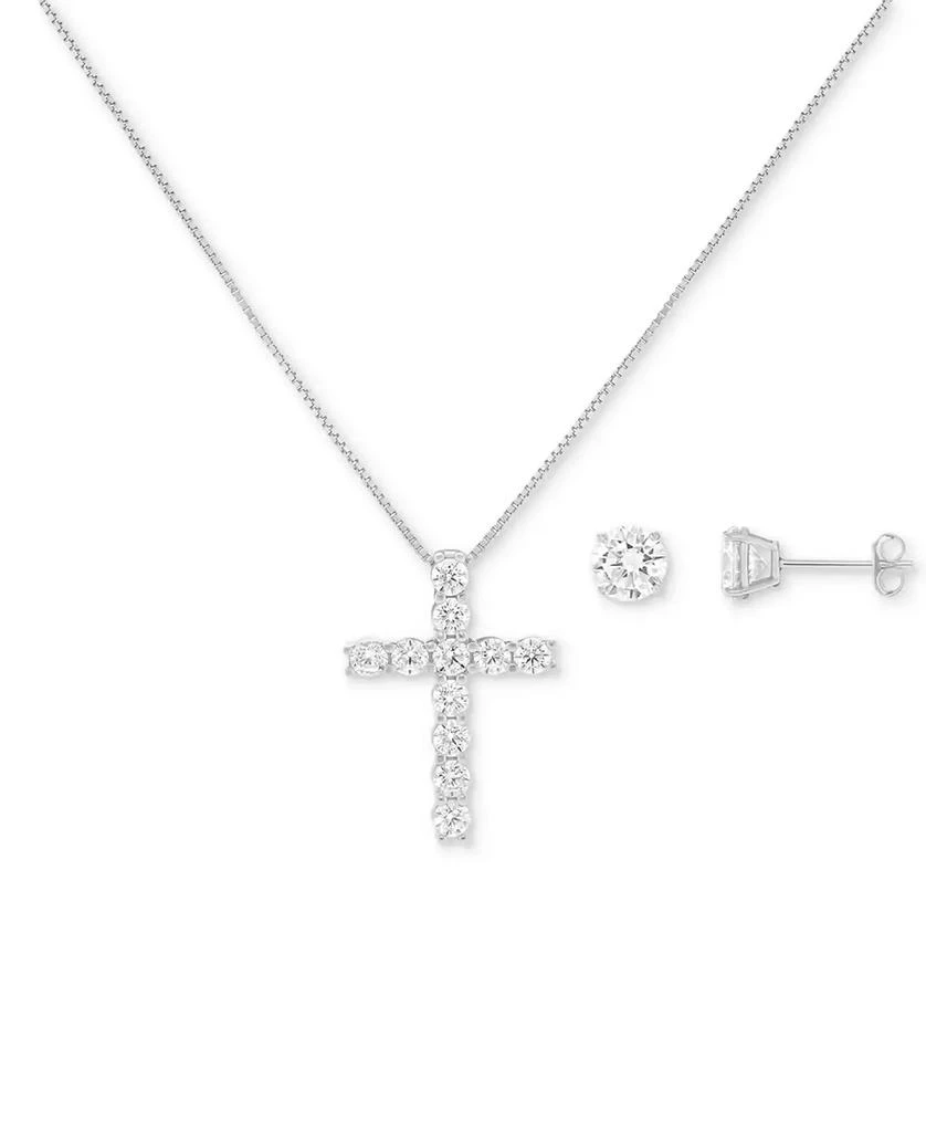 商品Holiday Lane|2-Pc. Cubic Zirconia Heart Cross Pendant Necklace & Stud Earring Set in Sterling Silver, Created for Macy's,价格¥377,第3张图片详细描述