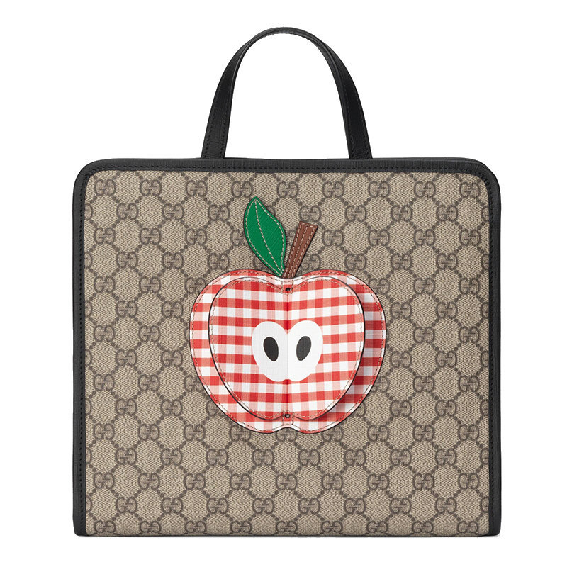 商品Gucci|【预售3-7天】GUCCI/古驰 2020 驼色和乌木色GG Supreme帆布饰有苹果细节黑色帆布饰边儿童手提托特包 648797HUHMN9774,价格¥5287,第1张图片