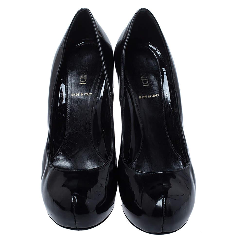 Fendi Black Patent Leather FF Logo Heels Platform Pumps Size 37商品第3张图片规格展示