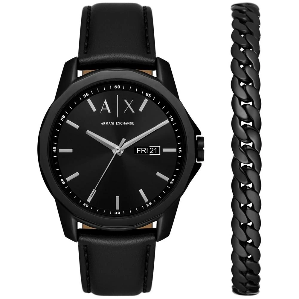 商品Armani Exchange|Men's Three-Hand Day-Date Quartz Black Leather Watch 44mm and Black Stainless Steel Bracelet Set,价格¥1002,第1张图片