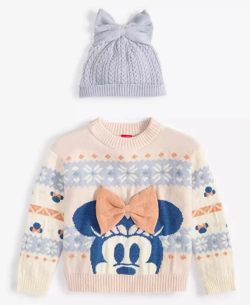 商品Disney|Toddler & Little Girls Minnie Mouse Intarsia Sweater & Cable-Knit Beanie, 2 Piece Set,价格¥313,第1张图片