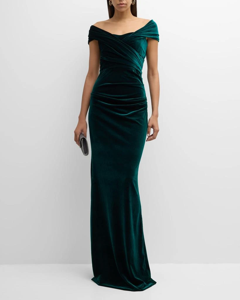 商品Teri Jon|Ruched Off-Shoulder Velvet Column Gown,价格¥2445,第1张图片