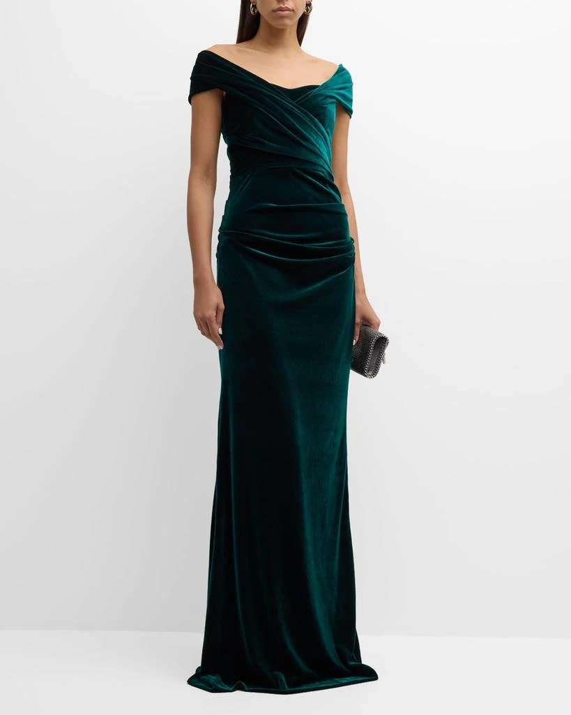 商品Teri Jon|Ruched Off-Shoulder Velvet Column Gown,价格¥2445,第3张图片详细描述