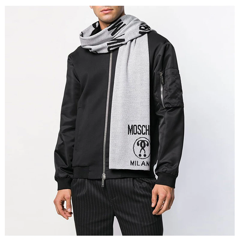 MOSCHINO 莫斯奇诺 黑色羊毛混纺徽标图案男女同款围巾 送男友女友礼物 深灰色 50055 M5145 15 商品
