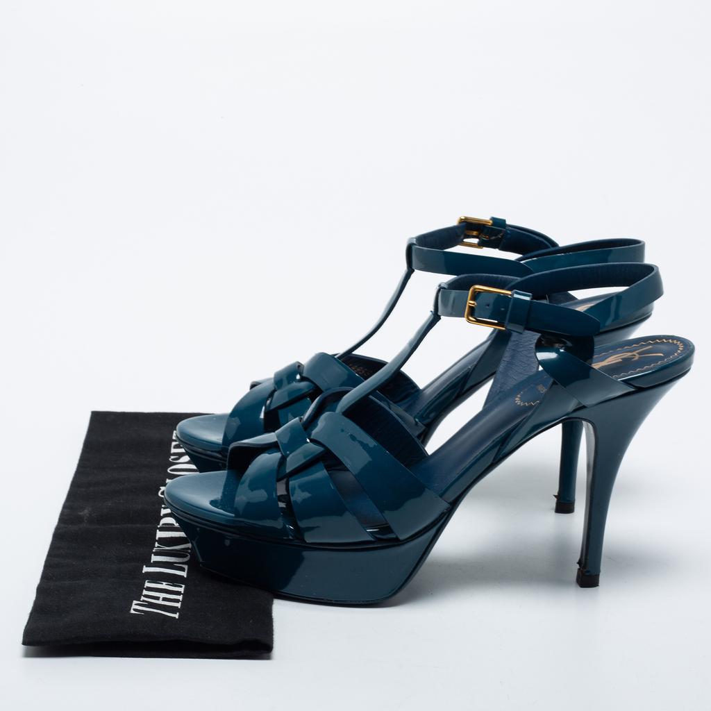 Yves Saint Laurent Navy Blue Patent Leather Tribute Platform Sandals Size 37商品第9张图片规格展示