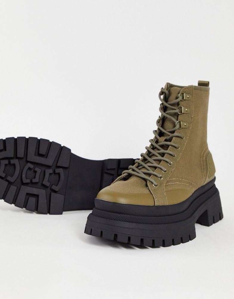 ASOS DESIGN lace up boots in khaki canvas on chunky sole商品第4张图片规格展示
