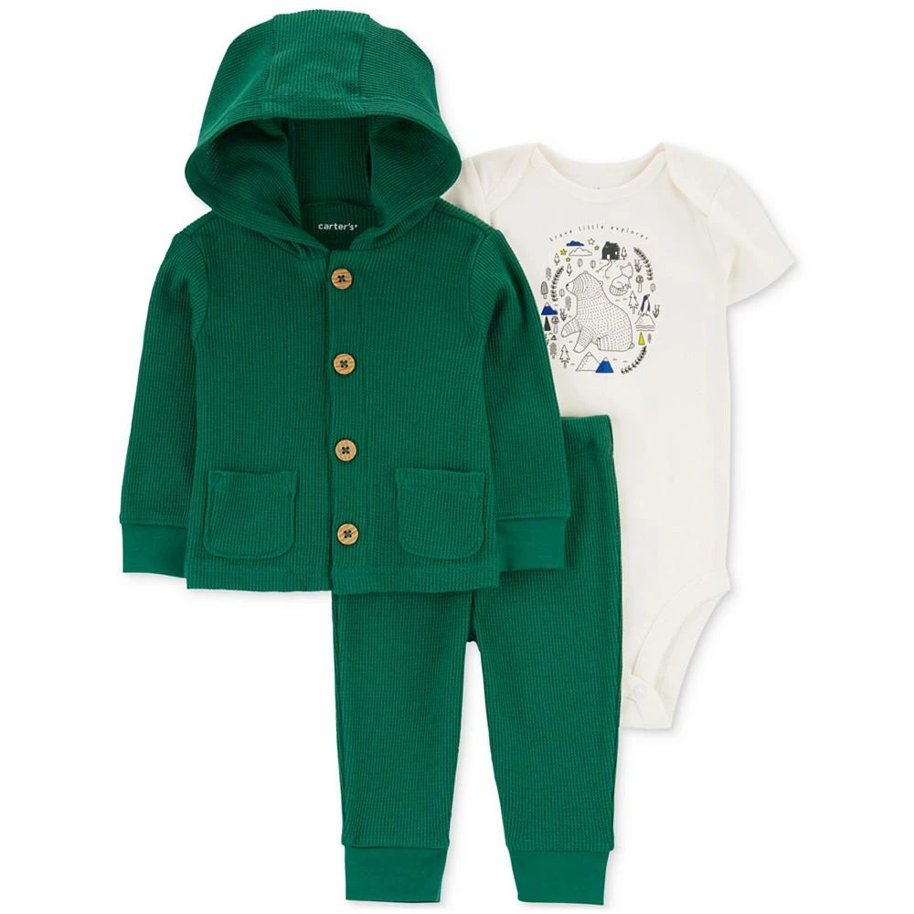 商品Carter's|Baby Boys 3-Pc. Thermal Waffle-Knit Hooded Cardigan; Printed Bodysuit & Pants Set,价格¥144,第1张图片
