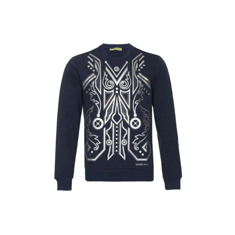 商品Versace|VERSACE JEANS 男士深蓝色棉质银色印花圆领卫衣 B7GPA7FA-36612-231,价格¥1033,第1张图片