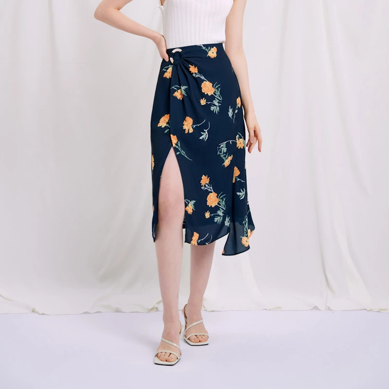 Nova虞美人印花侧开衩飘逸半裙 | Nova Skirt - Navy Floral 商品