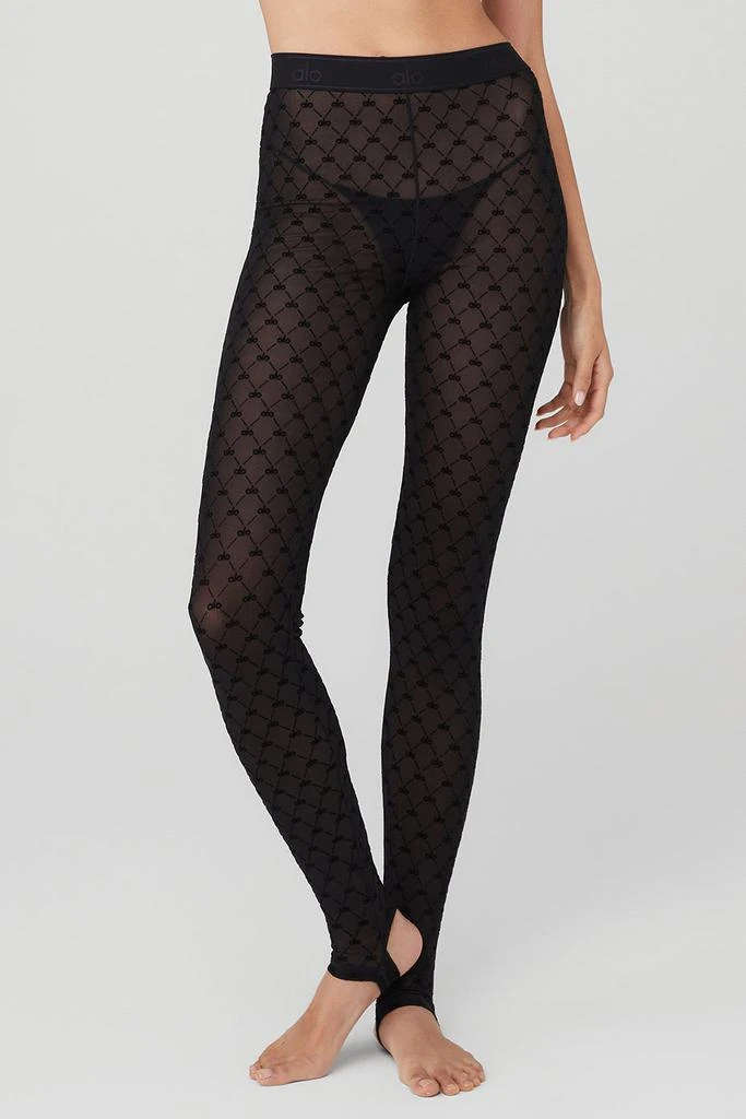 商品Alo|Flocked High-Waist Chalet Chic Stirrup Tights - Black,价格¥828,第1张图片