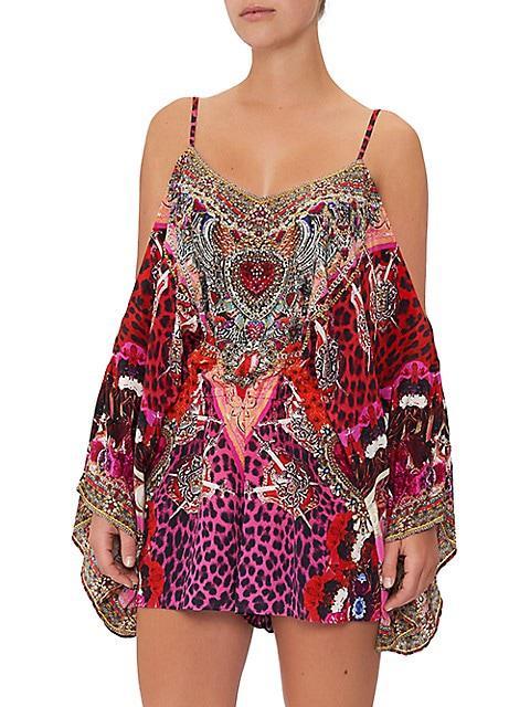 商品Camilla|Printed Silk Cold-Shoulder Romper,价格¥1616,第6张图片详细描述