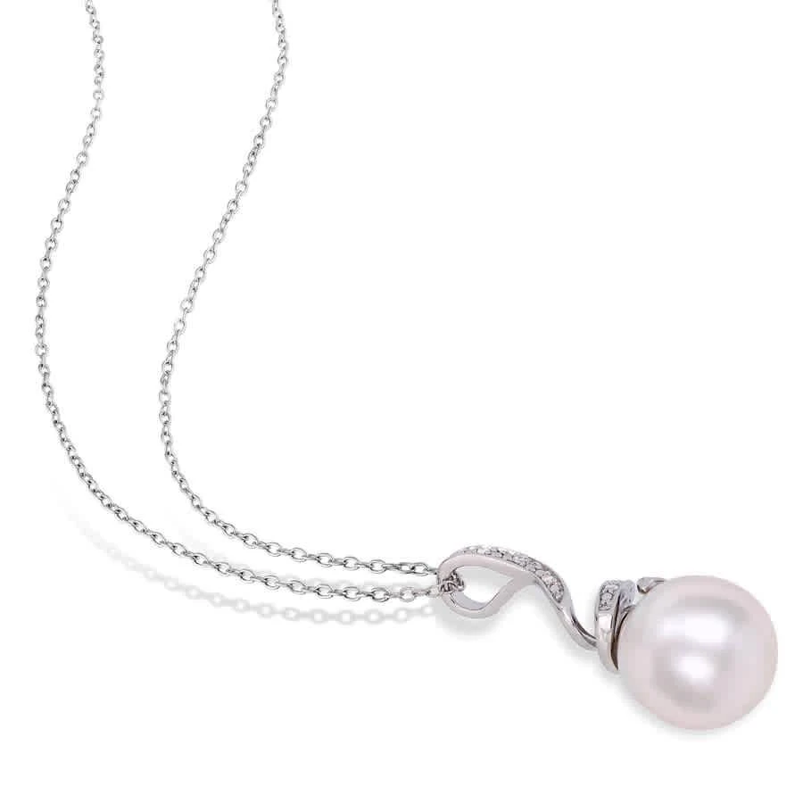 商品Amour|11 - 12 Mm Freshwater Cultured Pearl and Diamond Accent Swirl Drop Pendant with Chain In Sterling Silver,价格¥646,第3张图片详细描述