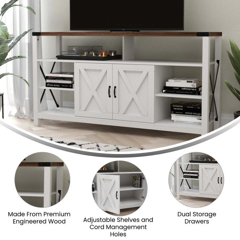 商品Merrick Lane|Green River 60" Media Console In White With Rustic Oak Top For 55+ Inch TV's With Open And Closed Storage,价格¥1878,第2张图片详细描述