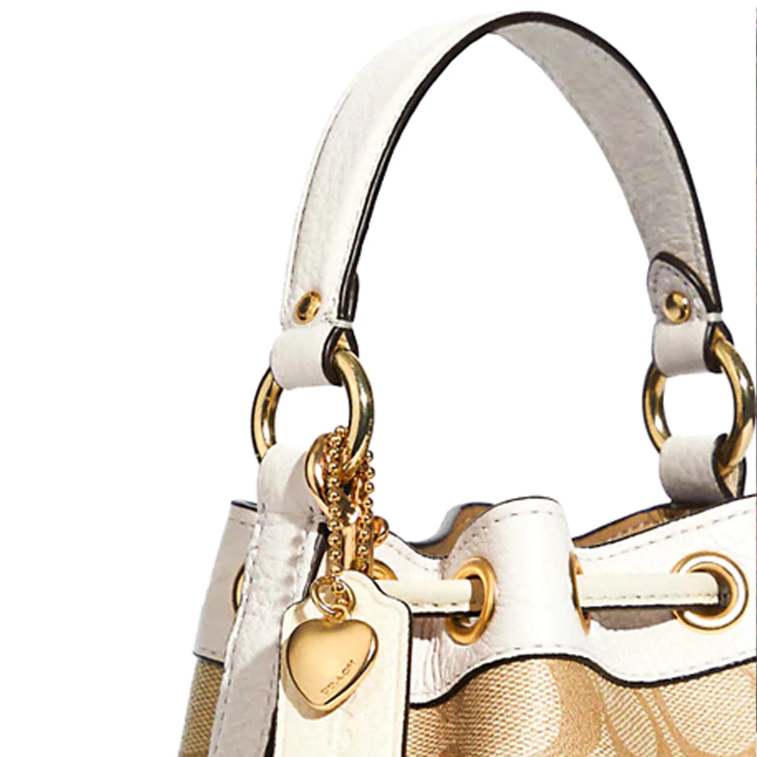 商品[国内直发] Coach|蔻驰 Dempsey 15 经典老花爱心吊坠抽绳开合 涂层帆布拼皮革 水桶包单肩斜挎手提包 小号 女款 卡其白色,价格¥5176,第6张图片详细描述