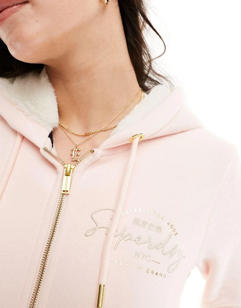 商品Superdry|Superdry luxe metallic logo zip hoodie in Bright Blush,价格¥624,第2张图片详细描述