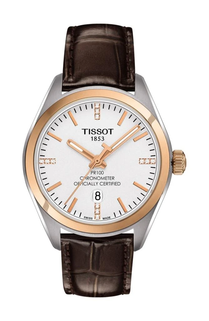 商品Tissot|Women's PR 100 Lady COSC Diamond Accented Leather Watch, 33mm - 0.0456 ctw,价格¥3073,第1张图片