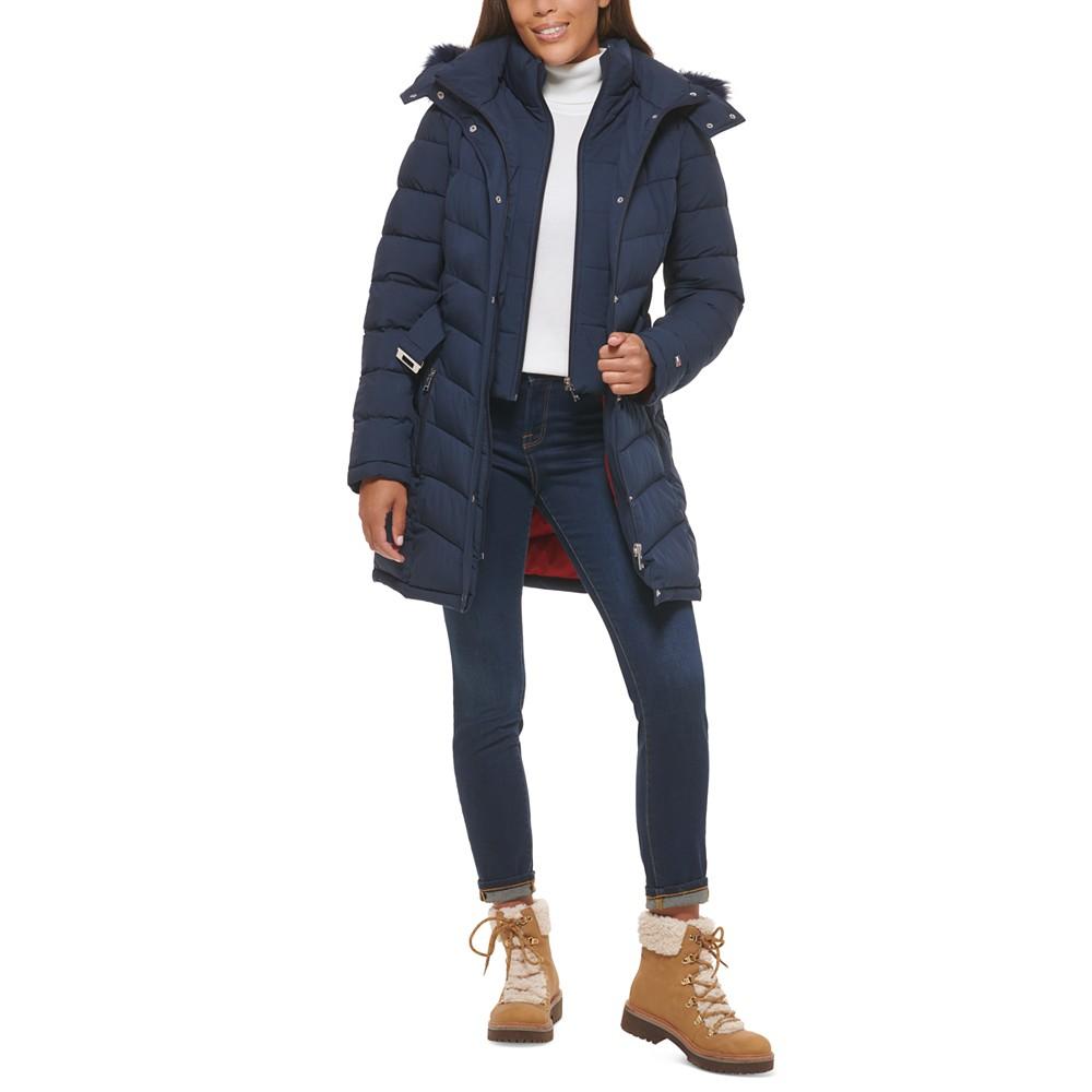 Petite Faux-Fur-Trim Hooded Belted Puffer Coat, Created for Macy's商品第6张图片规格展示