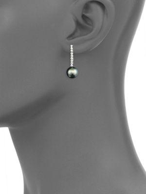 14K White Gold, Diamond & 10mm Black Tahitian Pearl Drop Earrings商品第2张图片规格展示