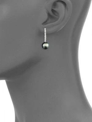 商品BELPEARL|14K White Gold, Diamond & 10mm Black Tahitian Pearl Drop Earrings,价格¥7488,第2张图片详细描述