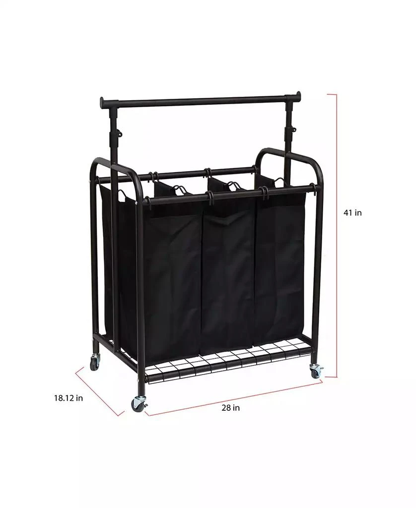 3-Bag Rolling Laundry Sorter with Adjustable Hanging Bar 商品