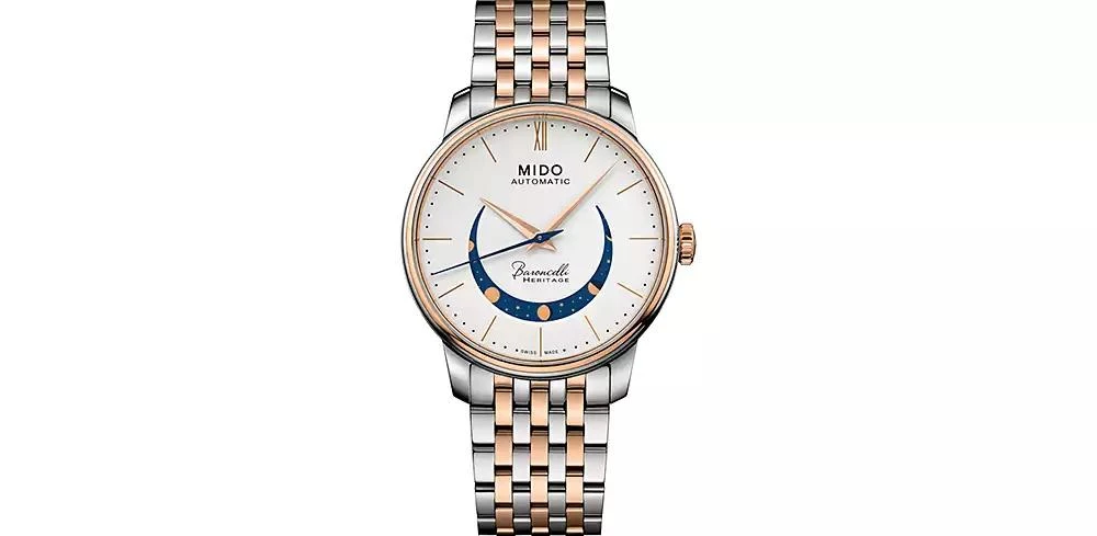 商品MIDO|Men's Swiss Automatic Baroncelli Smiling Moon Two Tone Stainless Steel Bracelet Watch 39mm,价格¥10099,第1张图片