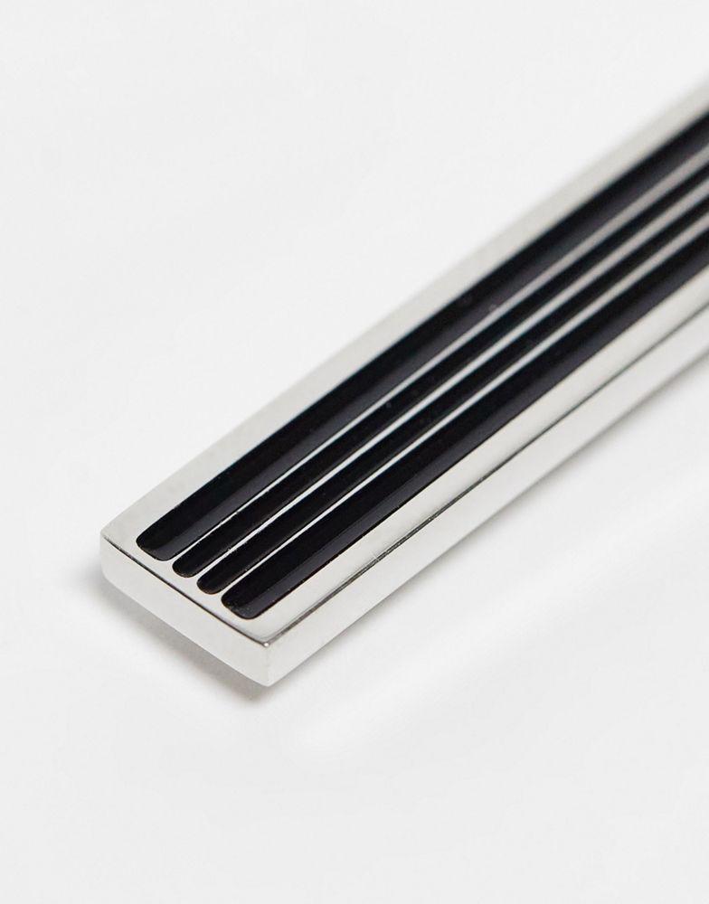 ASOS DESIGN party stainless steel tie bar with line detail and black enamel in silver tone商品第4张图片规格展示