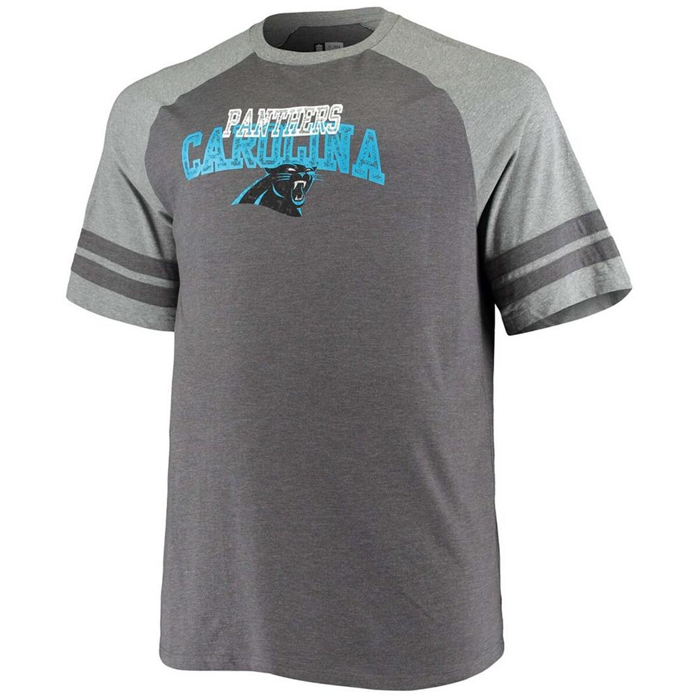 Men's Big and Tall Charcoal, Heathered Gray Carolina Panthers Two-Stripe Tri-Blend Raglan T-shirt商品第3张图片规格展示