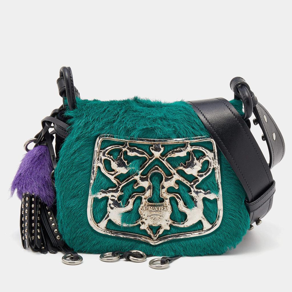 Prada Black/Green Calf Hair And Quilted Velvet Small Corsaire Shoulder Bag商品第1张图片规格展示