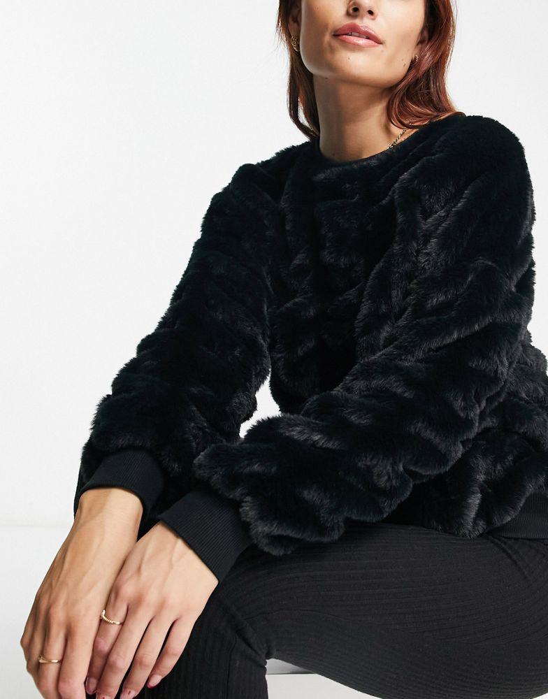 商品ASOS|ASOS DESIGN lounge yeti faux fur sweat & brushed rib legging set in black,价格¥198,第3张图片详细描述