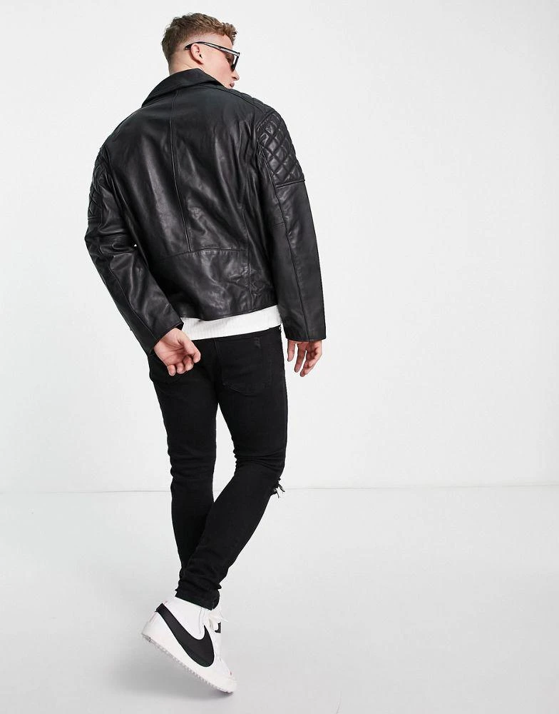 商品ASOS|ASOS DESIGN oversized biker real leather jacket with stitch detail in black,价格¥736,第2张图片详细描述