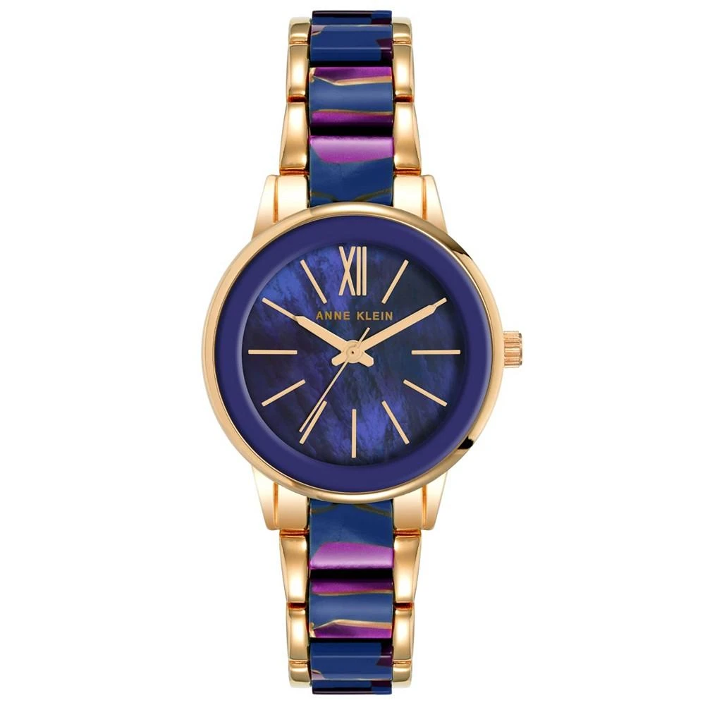 商品Anne Klein|Women's Three-Hand Quartz Rose Gold-Tone Alloy with Navy and Purple Resin Bracelet Watch, 32mm,价格¥561,第1张图片