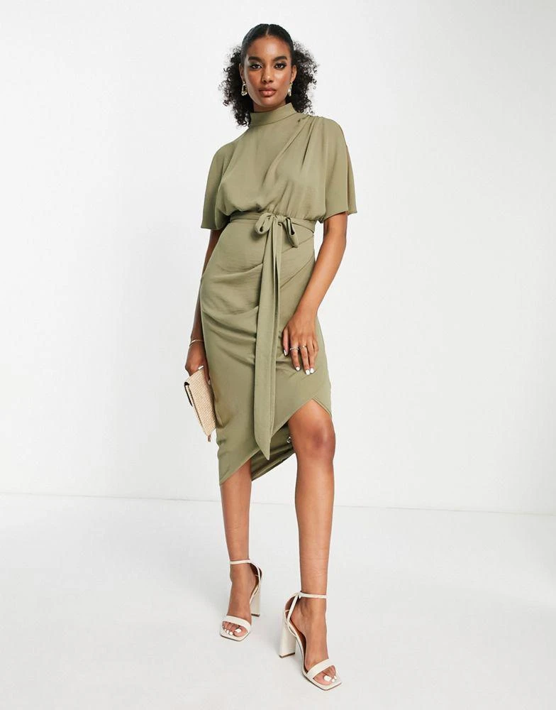 商品ASOS|ASOS DESIGN cap sleeve split sleeve midi wrap front dress in olive,价格¥362,第1张图片