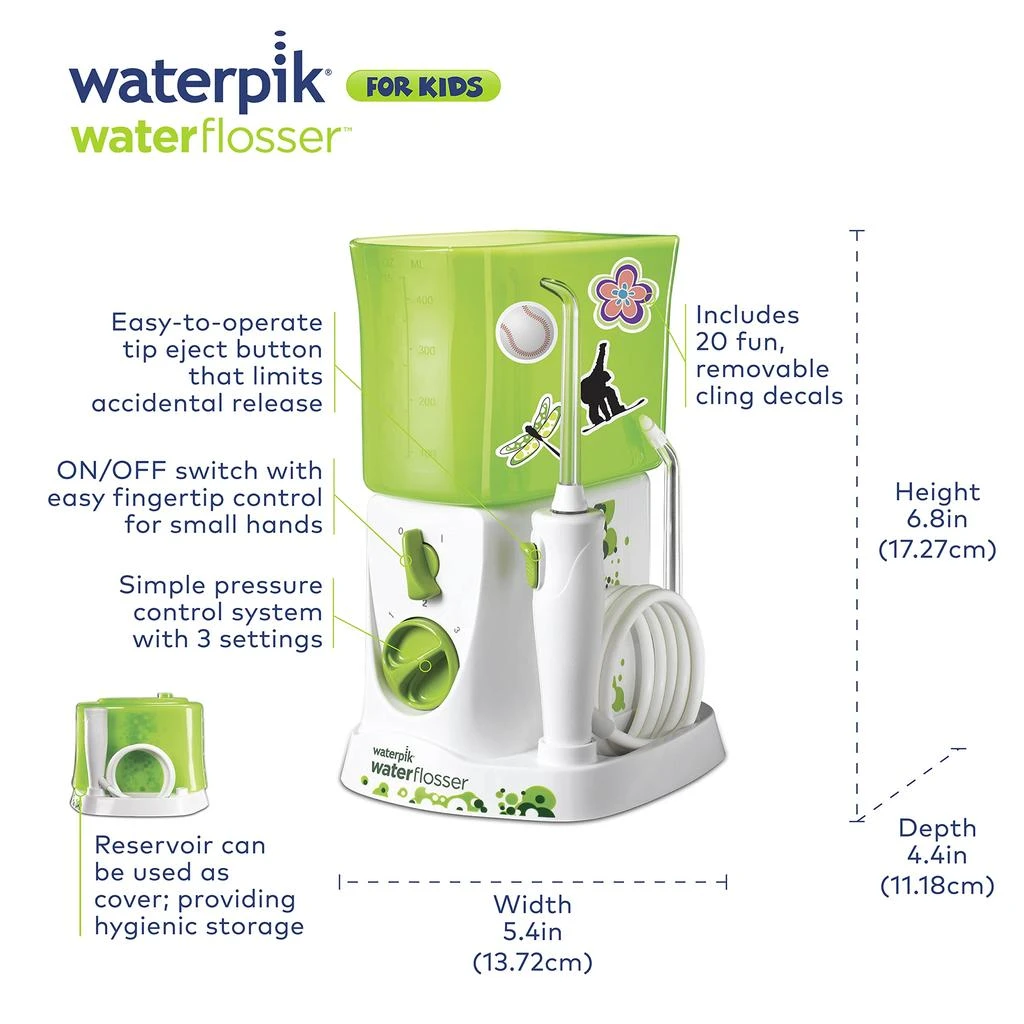 商品Waterpik|Waterpik Water Flosser for Kids, Countertop Water Flosser for Children and Braces, WP-260, Green,价格¥335,第5张图片详细描述
