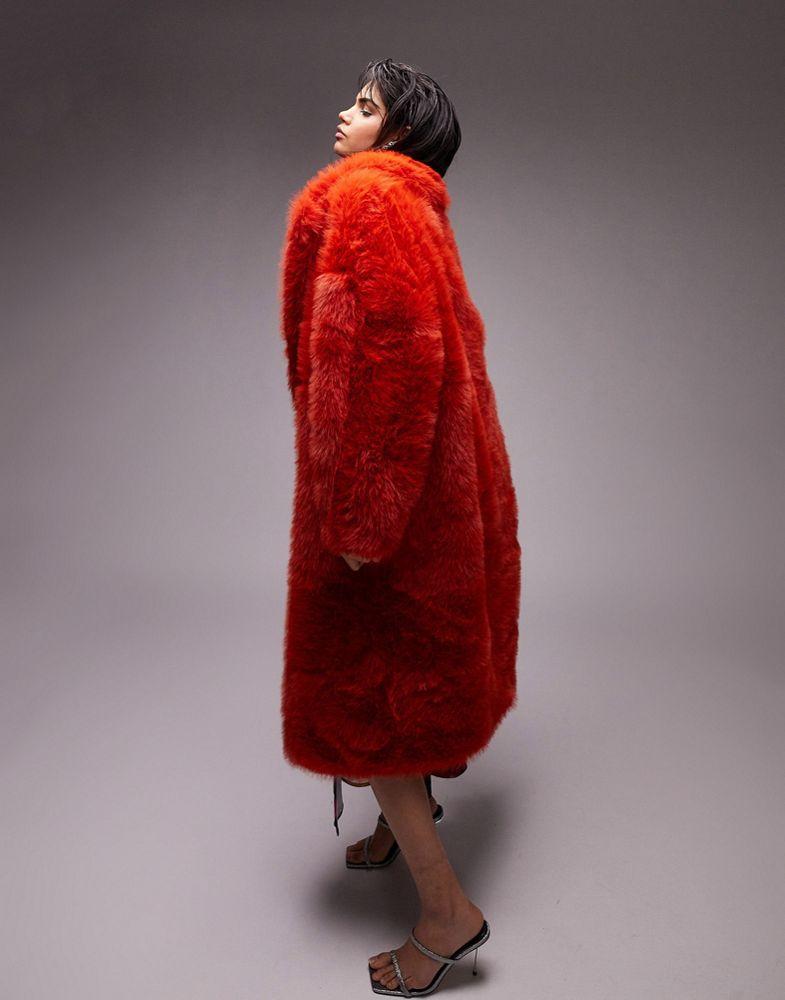 Topshop oversized longline panelled faux fur coat in red商品第4张图片规格展示