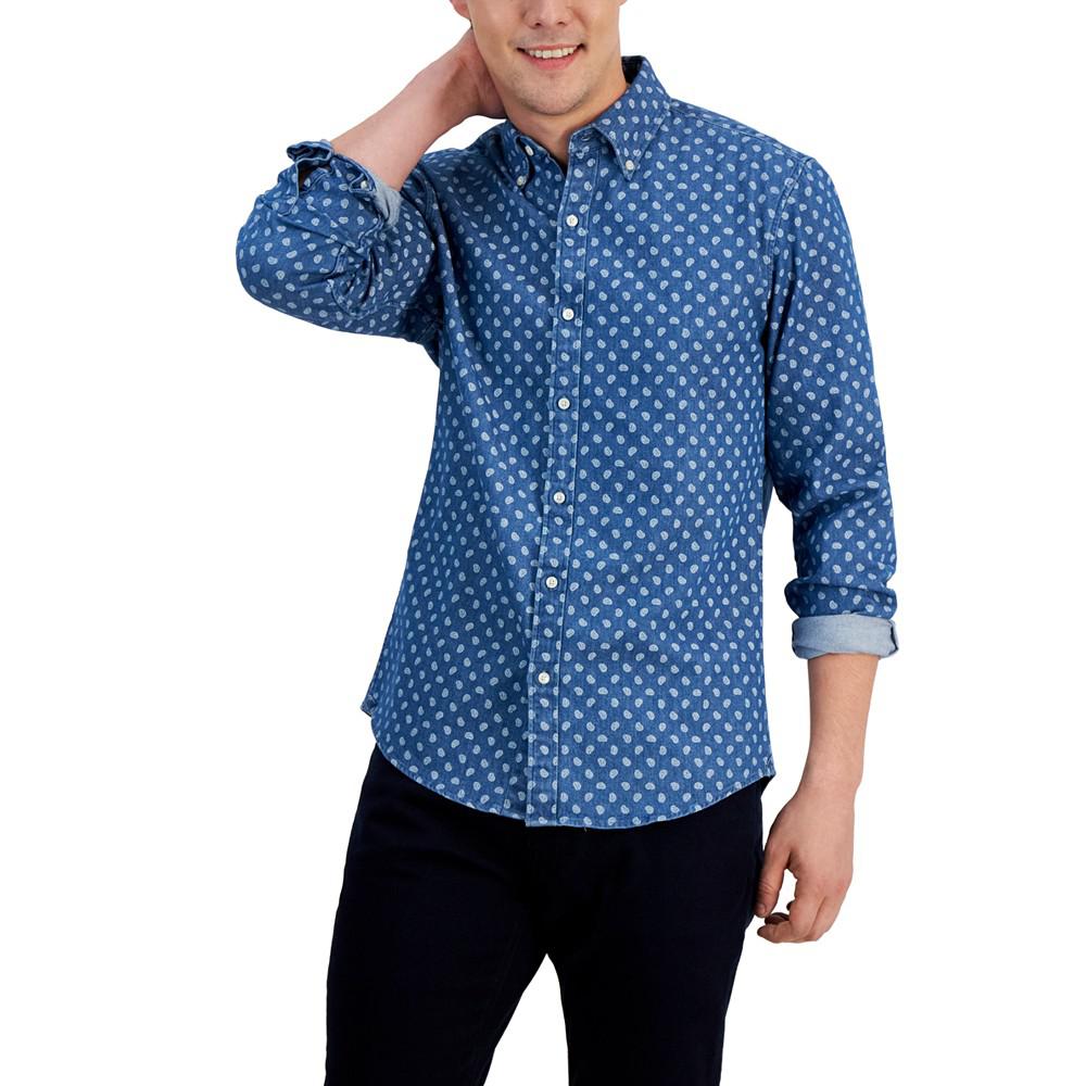 Men's Slim-Fit Stretch Paisley Pine-Print Button-Down Denim Shirt商品第1张图片规格展示
