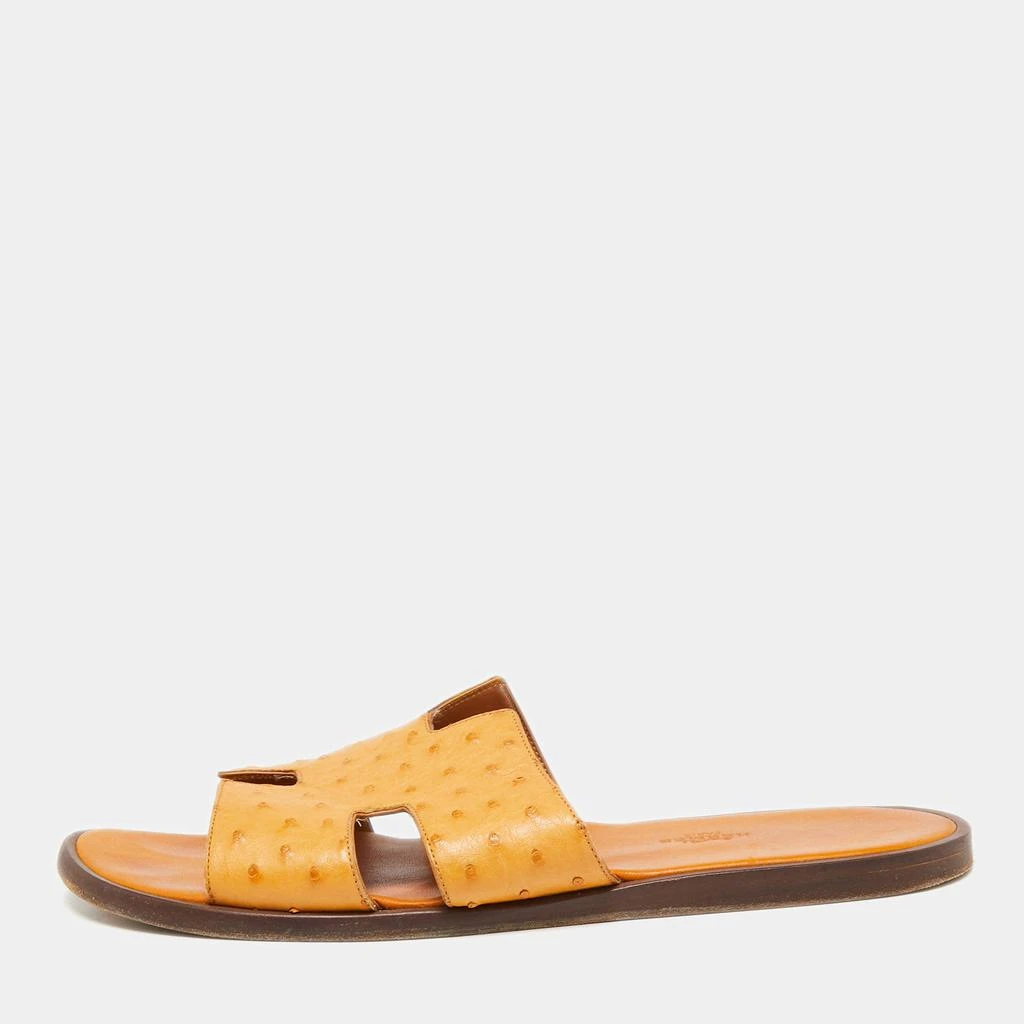 商品[二手商品] Hermes|Hermes Light Orange Ostrich Leather Izmir Flat Slides Size 44.5,价格¥4192,第1张图片
