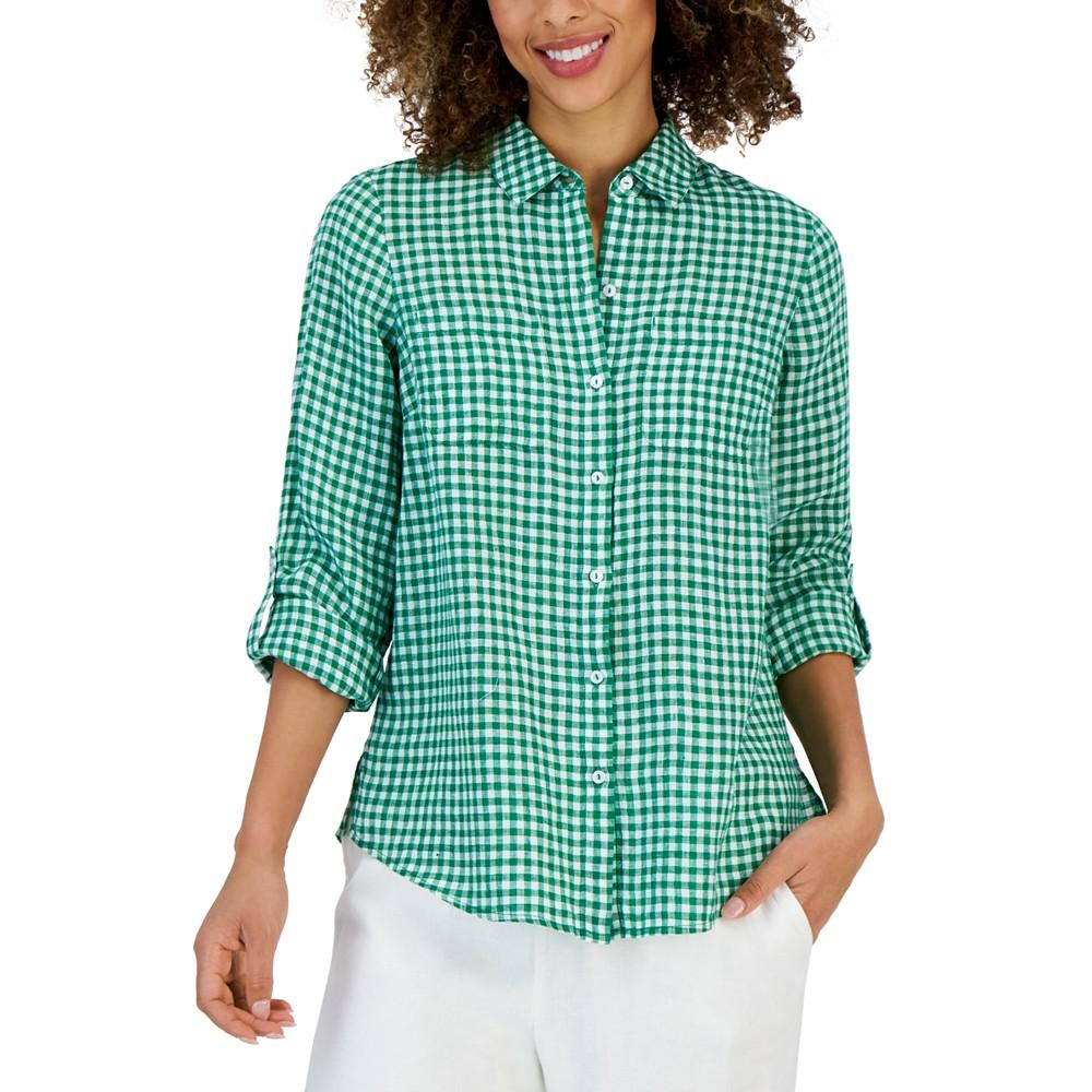 Women's Linen Gingham Tab-Sleeve Shirt, Created for Macy's商品第1张图片规格展示