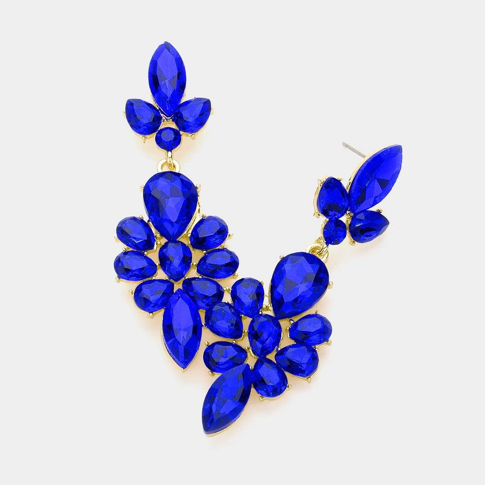 商品FASHNZFAB|Teardrop Stone Cluster Embellished Dangle Evening Earrings - Gold, Sapphire,价格¥190,第1张图片