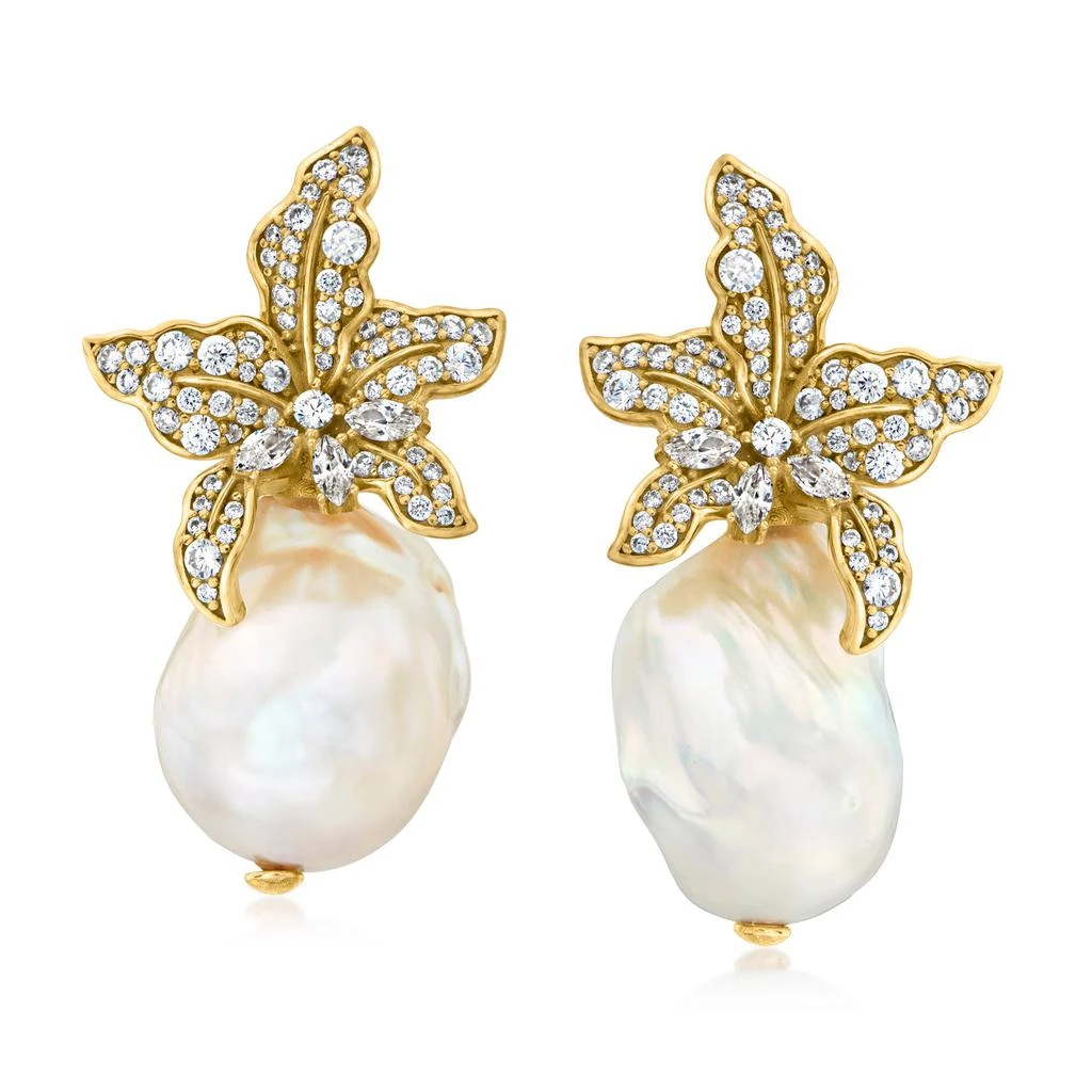 商品Ross-Simons|Italian 13-18mm Baroque Pearl and CZ Flower Earrings in 18kt Gold Over Sterling,价格¥1502,第1张图片