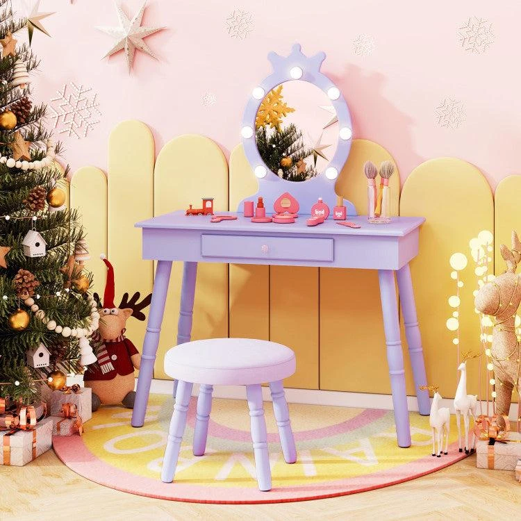 Kids Vanity Set with Lighted Mirror with Adjustable Brightness and Large Drawer-White 商品