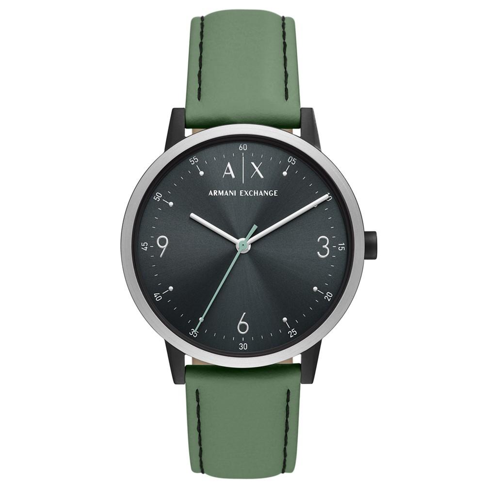 Men's Dark Green Leather Strap Watch 42mm商品第1张图片规格展示