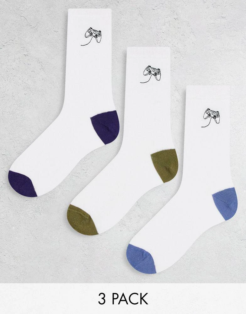 商品ASOS|ASOS DESIGN 3 pack crew socks in white with gaming embroidery,价格¥97,第1张图片