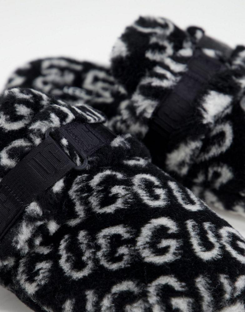 UGG fluff it pop sheepskin slippers in all over logo print black商品第3张图片规格展示